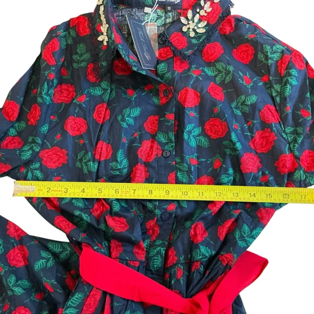 NWT Trish Scully Constance Maxi Dress Navy Rose Floral 12 Rhinestone Long Sleeve - Picture 15 of 17